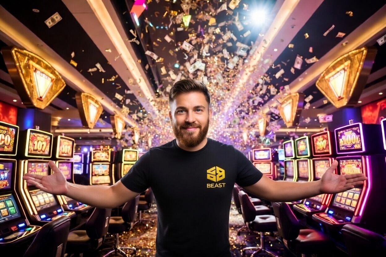 Man in black shirt with arms outstretched in casino surrounded by slot machines and golden confetti