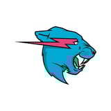 Blue panther head with open mouth and pink lightning bolt through face